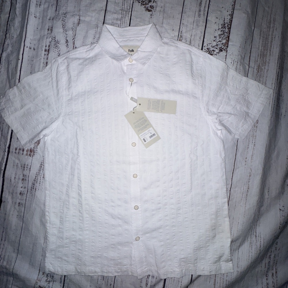 Men's Folk Shirt Mens Small  White Textured Button Up 100% Cotton Dobu Stipe